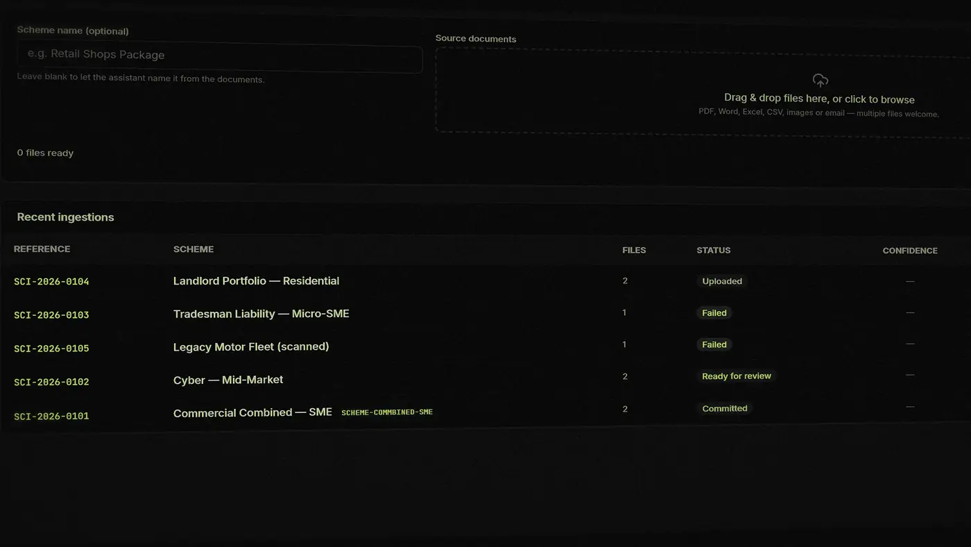 Scheme documents uploaded for AI reading, each ingestion with its status for review